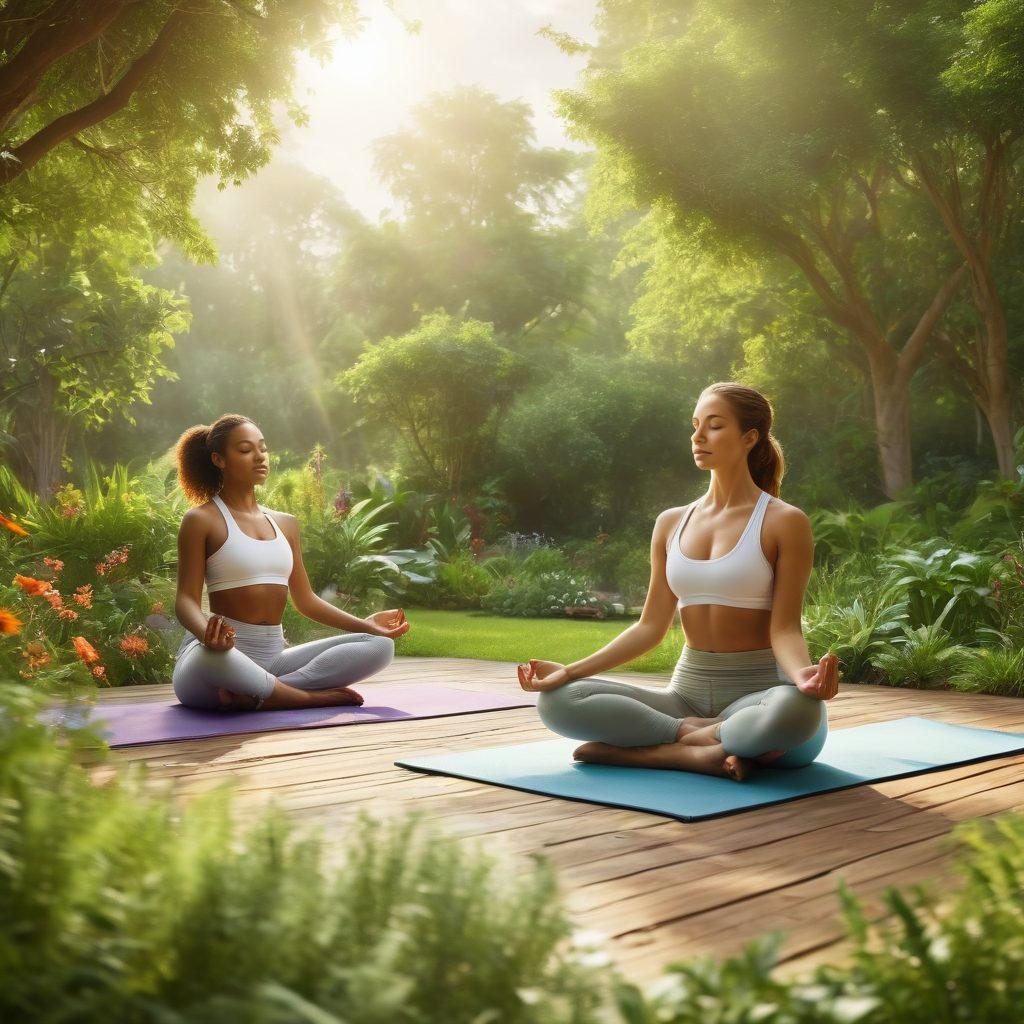 A serene and uplifting scene depicting a diverse group of individuals engaging in holistic wellness activities, such as yoga and meditation, surrounded by a lush, green garden. Integrate elements representing natural healing, like herbal teas, essential oils, and comforting sunlight. The atmosphere should radiate hope and tranquility. super-realistic. vibrant colors. bright background.