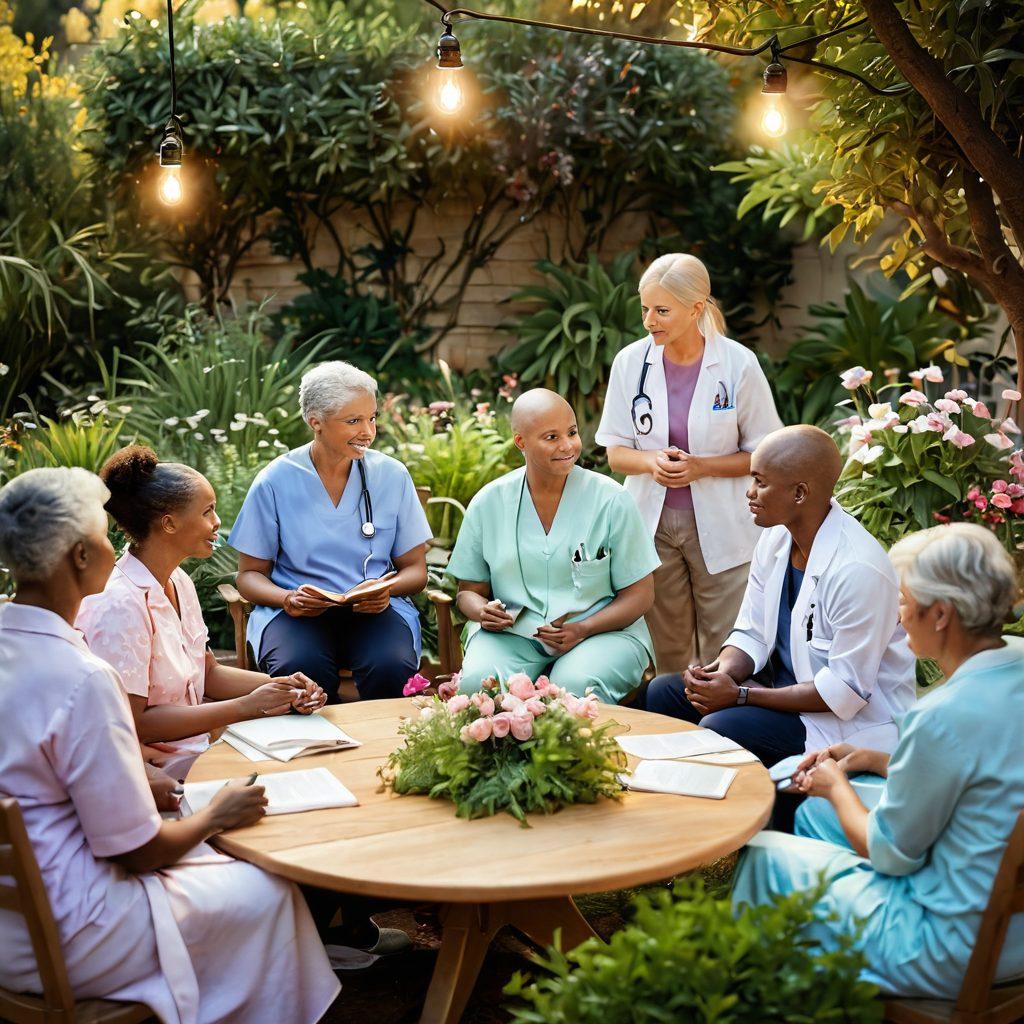 A compassionate and serene scene depicting a diverse group of cancer patients and caregivers engaged in a supportive group discussion, surrounded by soft, warm lighting. Include symbolic elements like a stethoscope, wellness books, and healthy foods scattered around, signifying hope and resilience. The background should feature a peaceful garden that symbolizes healing. super-realistic. soft pastel colors. warm lighting.